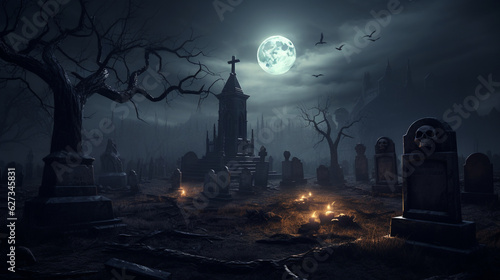 Obraz na plátně The full moon casting an ominous glow over a spooky graveyard filled with ancient tombstones