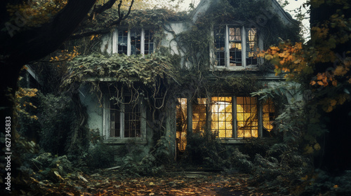 An abandoned and decrepit haunted house with broken windows and overgrown vines. Generative AI