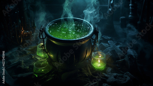 A witch's cauldron bubbling with mysterious green potion surrounded by flickering candles. Generative AI photo