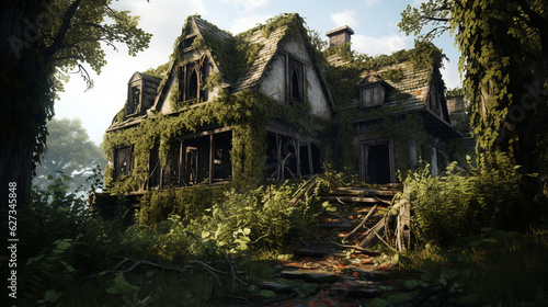 An abandoned and decrepit haunted house with broken windows and overgrown vines. Generative AI © Maksym