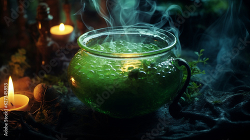 A witch's cauldron bubbling with mysterious green potion surrounded by flickering candles. Generative AI