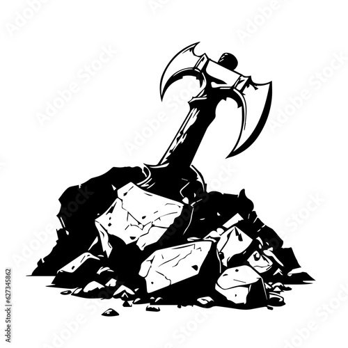 Black and White Axe Embedded in Rock Vector