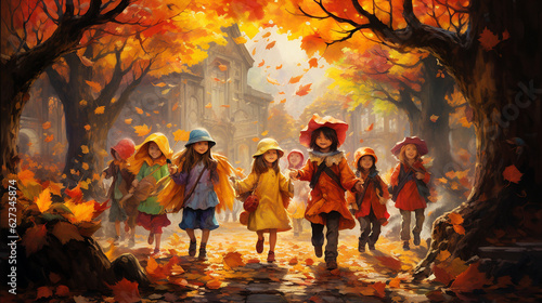A group of children in creative costumes trick-or-treating under a canopy of colorful autumn leaves. Generative AI © Maksym
