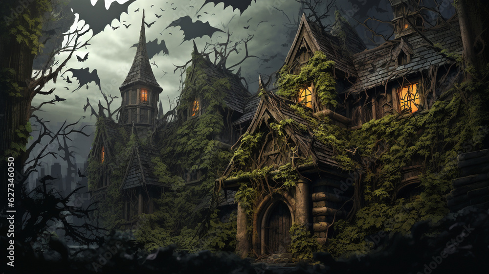 An old and creaky haunted house with overgrown ivy and bats flying around the rooftop. Generative AI