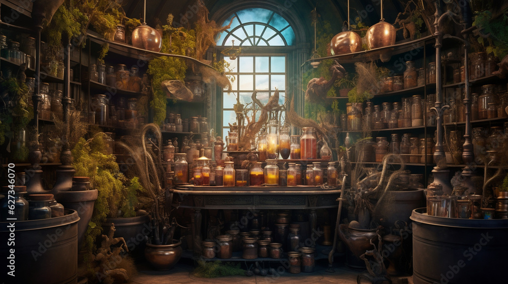 A witch's apothecary filled with shelves of magical ingredients and potions in dusty bottles. Generative AI