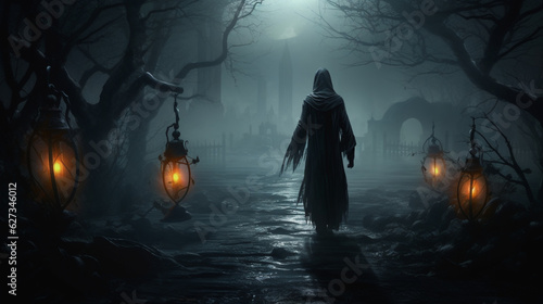 Fotografia A mysterious figure in a cloak holding a lantern, wandering through a misty graveyard