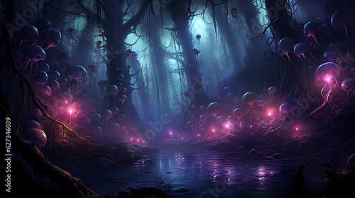 A spooky forest with bioluminescent creatures and mysterious glowing orbs floating in the air. Generative AI