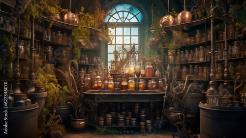 A witch's apothecary filled with shelves of magical ingredients and potions in dusty bottles. Generative AI photo