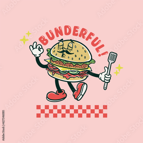 cartoon burger character illustration with spatula