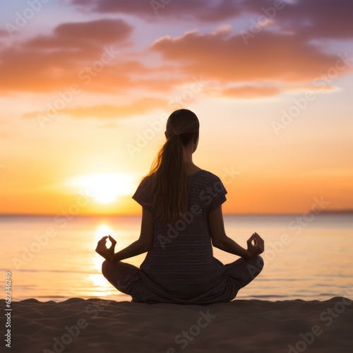 Woman, hands or lotus pose meditation on sunset beach,