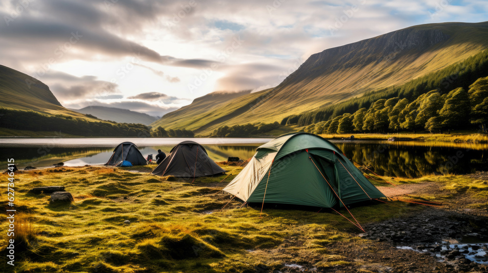 outdoor vacation in a tent at a beautifully situated lake in nature. Generative AI