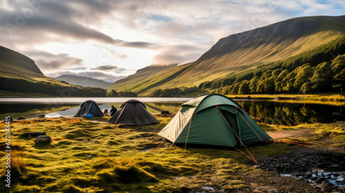 outdoor vacation in a tent at a beautifully situated lake in nature. Generative AI