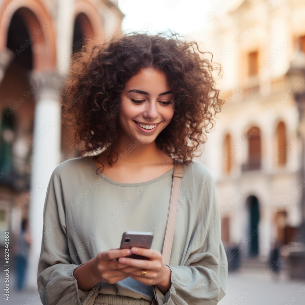  woman with curly brown hair looking at smart phone and smiling while visiting historic