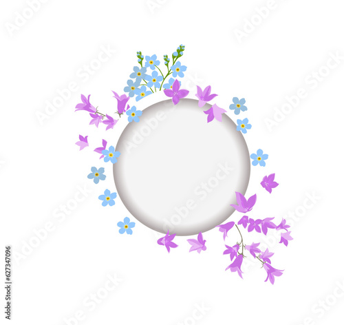 Round delicate frame with forget-me-nots and bluebells flowers. Vector illustration