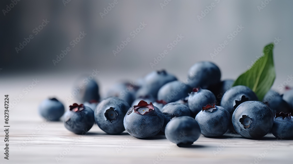Blueberries on table. Close-up of berries scattered on table. Harvest, antioxidants. Superfood, healthy food, AI-generated Blueberries on table. Close-up of berries scattered on table. Harvest, antioxidants. Superfood, healthy food, AI-generated