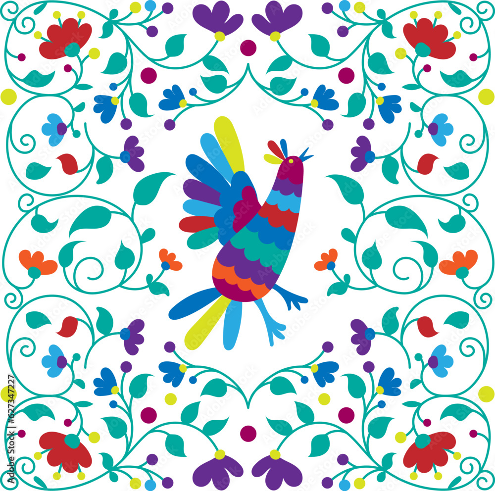 Mexican otomi embrodery seamless pattern. Colorful Mexican Traditional Textile Embroidery Style. Folk otomi style graphic, wallpaper. Festive mexican floral motif.