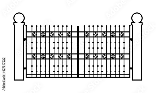 Modern forged gates, Gate icons, portal signs, Decorative metal gates with swirls, arrows, and ornaments, Vector illustration