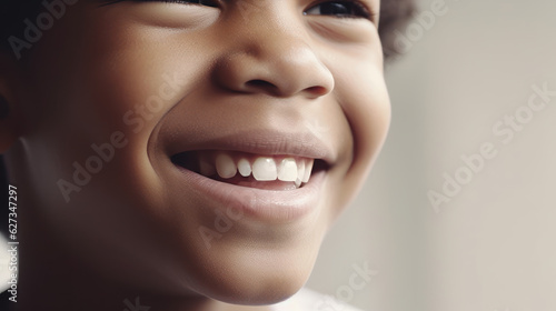The smile of an African-American 7-year-old boy. Portrait of a laughing boy with beautiful white teeth. Healthy teeth, dentistry. Generated by AI
