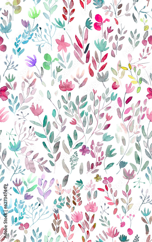 Hand painted watercolor allover seamless flowers and plants. Seamless Ditsy Floral Pattern wallpapers , banner, textile , spring summer .