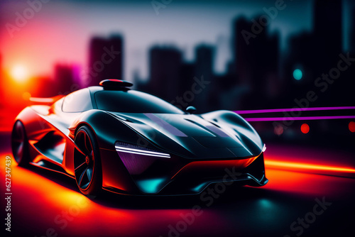 futuristic car fast driving on modern downtown background. Concept of future. future Car racing on evening street. electric car drive in a modern. night city life. Side view. neon light. generative AI