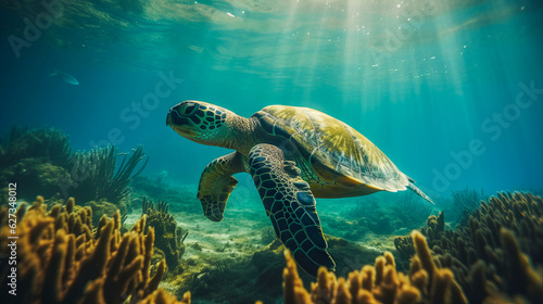 Sea turtle underwater, blue clear water, sun's rays make their way through water. Underwater world. Sea inhabitants. Generated by AI © domarevatanya