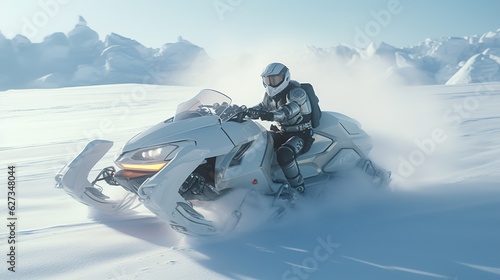 Futuristic snowmobile in the Arctic snows. Generative AI