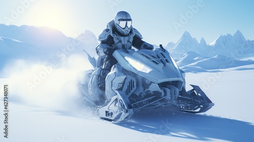 Futuristic snowmobile in the Arctic snows. Generative AI