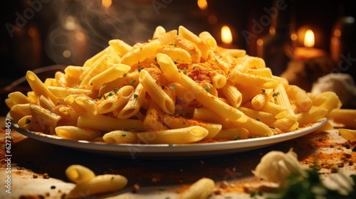 savory pasta  salty  with cut vegetables on a plate on a blurred background