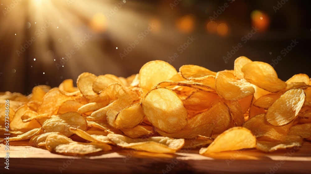Potato Chips with a sprinkling of savory salty spices on a wooden table with a blurred background, Potato Chips with a sprinkling of savory salty spices on a wooden table with a blurred background,