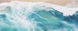 Overhead photo of crashing waves on the shoreline. Tropical beach surf. Abstract aerial ocean view