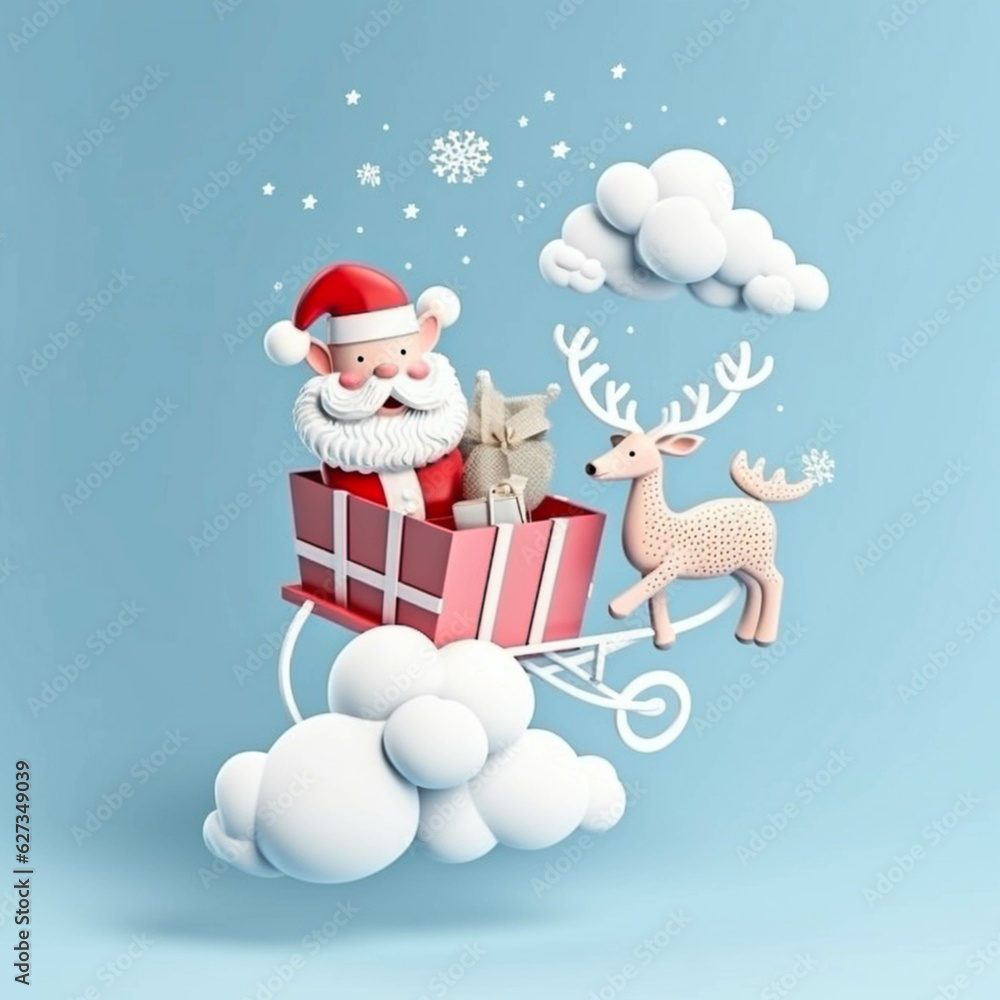 Christmas deer with santa and sleigh with gift , Ai generated art illustration. Christmas deer with santa and sleigh with gift , Ai generated art illustration.