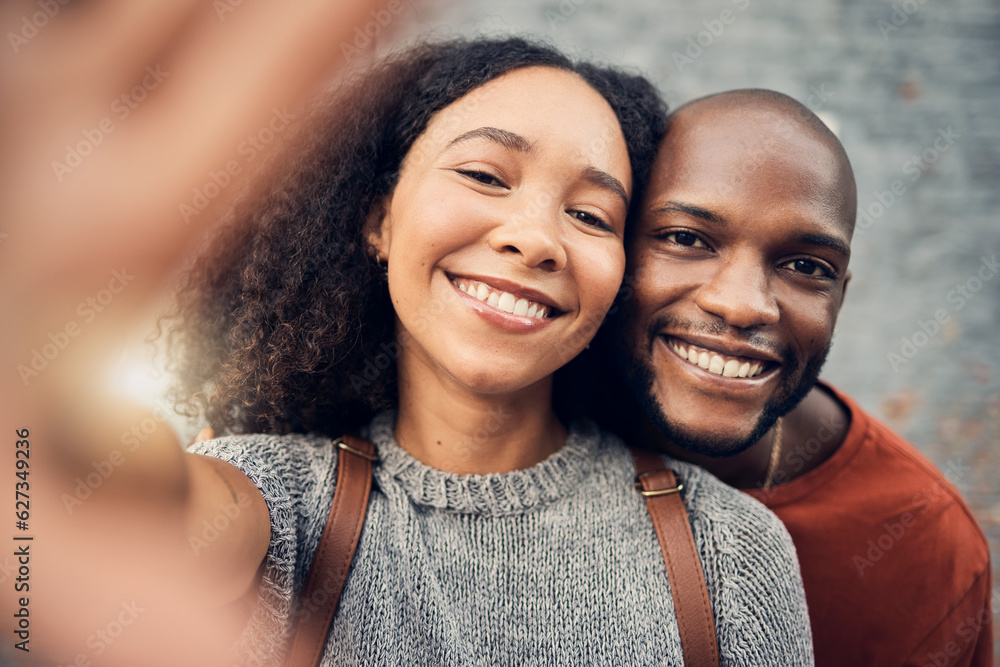 Face, interracial couple and selfie outdoor, happy and bonding together for memory in urban city. Portrait, smile and African man and woman with profile picture, photography and social media on date Face, interracial couple and selfie outdoor, happy and bonding together for memory in urban city. Portrait, smile and African man and woman with profile picture, photography and social media on date