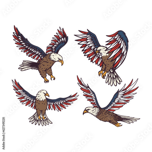 Set of American bald eagle vector illustration with USA flag at wing