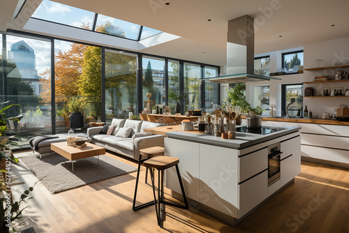 A luxury kitchen of a beautiful bright modern Scandinavian style, generative AI 