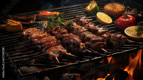 grilled barbeque with melted barbeque sauce and cut vegetables, blur background
