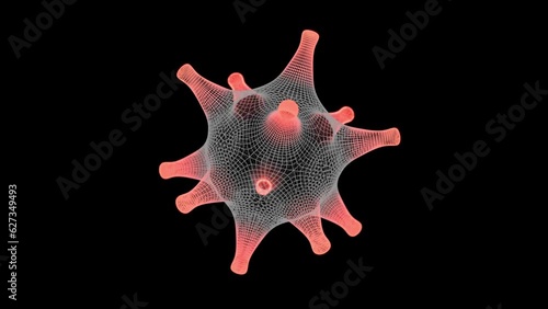 red wireframe virus 3d render animation, loopable rotation coronavirus epidemic, can represent influenza virus or cyber security ransomware malware isolated on black background photo