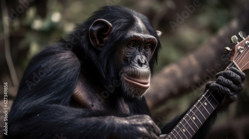 Chimpanzee Guitarist. A chimpanzee musician playing guitar Isolated on a jungle background. chimp. chimpanzee. Made With Generative AI.