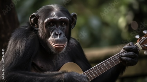 Chimpanzee Guitarist. A chimpanzee musician playing guitar Isolated on a jungle background. chimp. chimpanzee. Made With Generative AI.