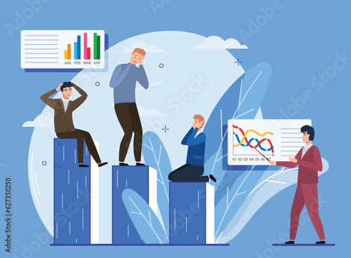 Company bankruptcy. Financial rescue, depressed businessmen. Economic financial crisis, sinking business, loan payback money problem, people and economy recession falling diagram, collapse in deal
