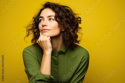 Young woman thinking on vivid background