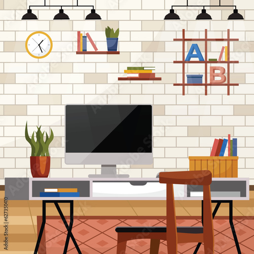Home office. Interior vector illustration. Work from home. Office had open floor plan, encouraging collaboration among employees Remote work provides freedom to design workspace that suits individual