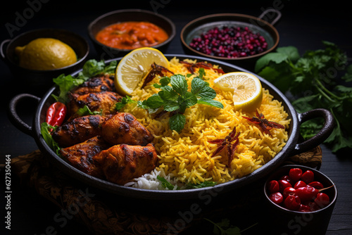 the vibrant colors and flavors of Islamic cuisine, showcasing traditional dishes from different regions, such as biryani, couscous, kebabs, or baklava. Generative AI photo