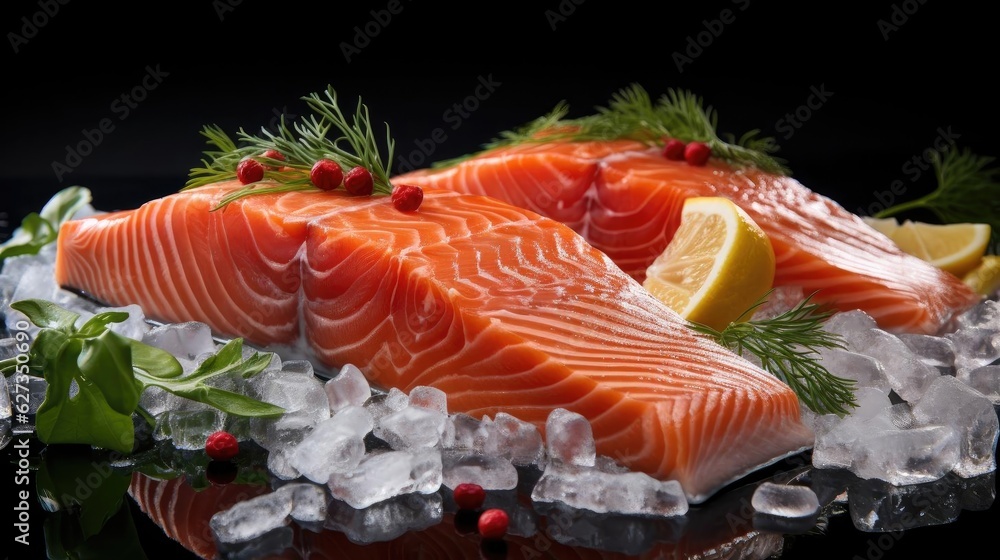 Fresh salmon with lemon slices on wooden table, black and blur background