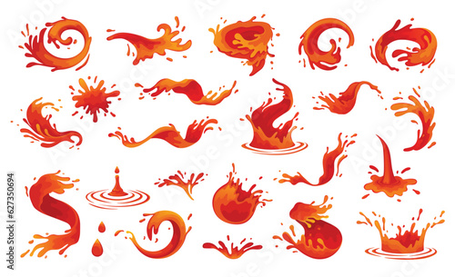 Tomato splash. Vector illustration set. Fresh red tomato splash. Strawberry juice splashes. Cherry soda water spill. Red drops of blood. Ketchup stains. Tomato swirl splash with red sauce drops