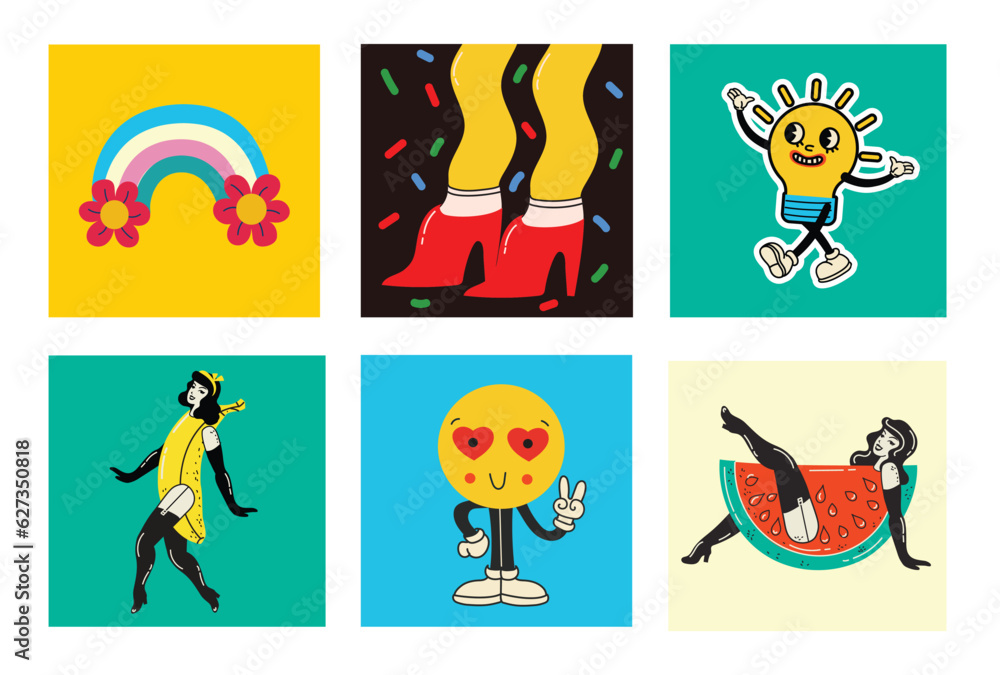 Fototapeta premium 70's groovy square posters, cards or stickers. Retro print with hippie cute colorful funky character concepts of crazy geometric, dripping emoticon. Only good vibes sentence