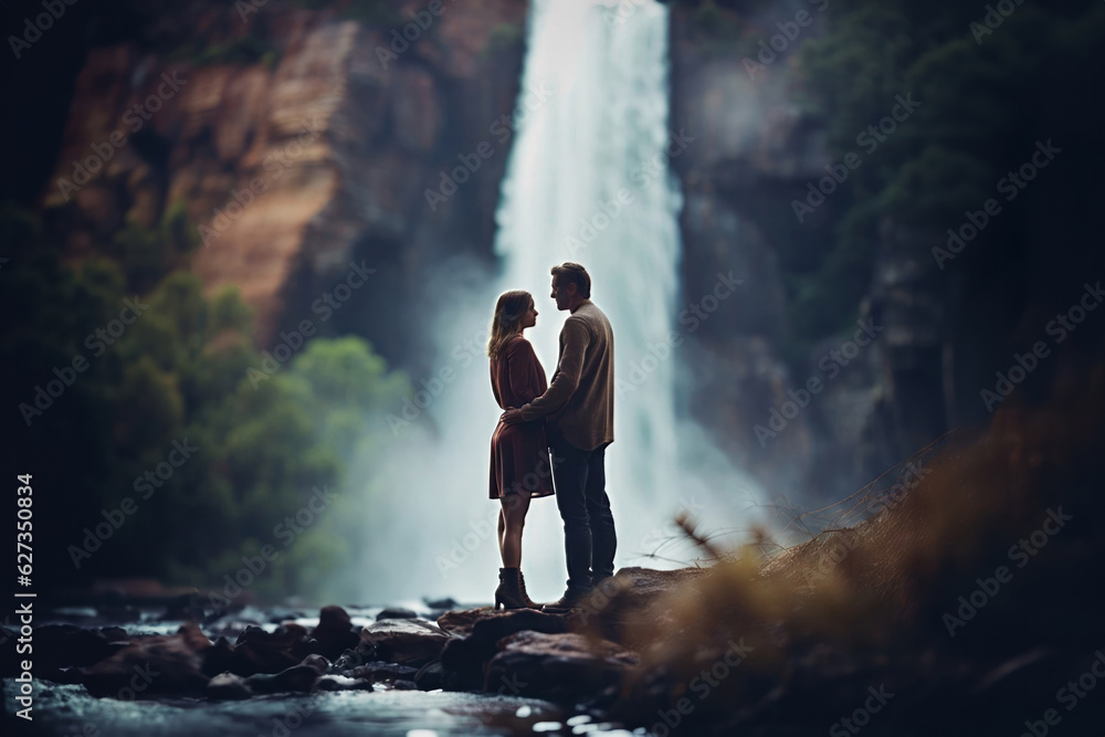 Dramatic Image of Romantic Couple at Waterfall in Nature, created with Generative AI technology Dramatic Image of Romantic Couple at Waterfall in Nature, created with Generative AI technology