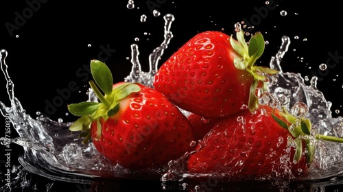 fresh red strawberry hit by water splash on black background and blur