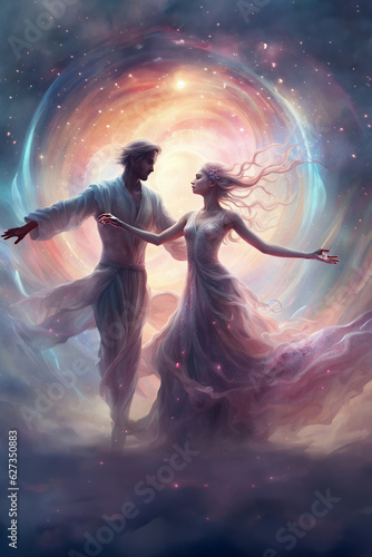 Colorful Fantasy Image of Close Dancing Couple, created with Generative AI technology