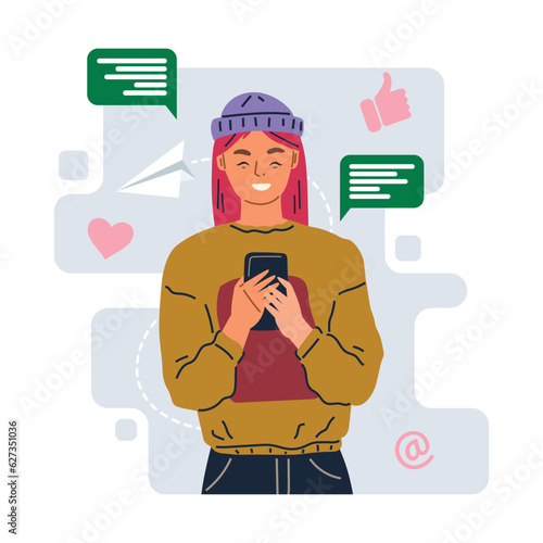 Cute young woman uses smartphone. Girl is holding gadget in hands. Pastime in social networks. Internet addiction. Curious female spying on phone, observing, watching messages and correspondence