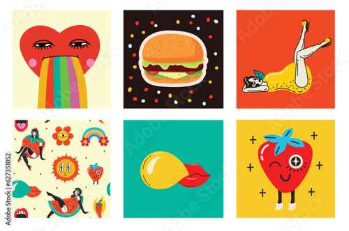 70's groovy square posters, cards or stickers. Retro print with hippie cute colorful funky character concepts of crazy geometric, dripping emoticon. Only good vibes sentence